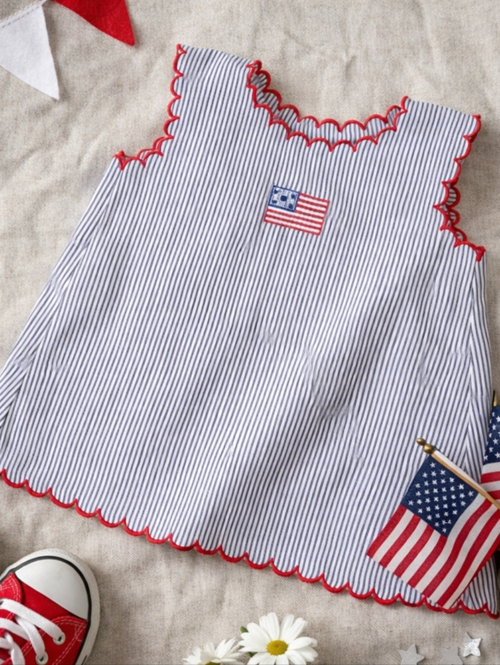 Bella Bliss Patriotic Striped Dress 3T Red Trim USA Flag Classic